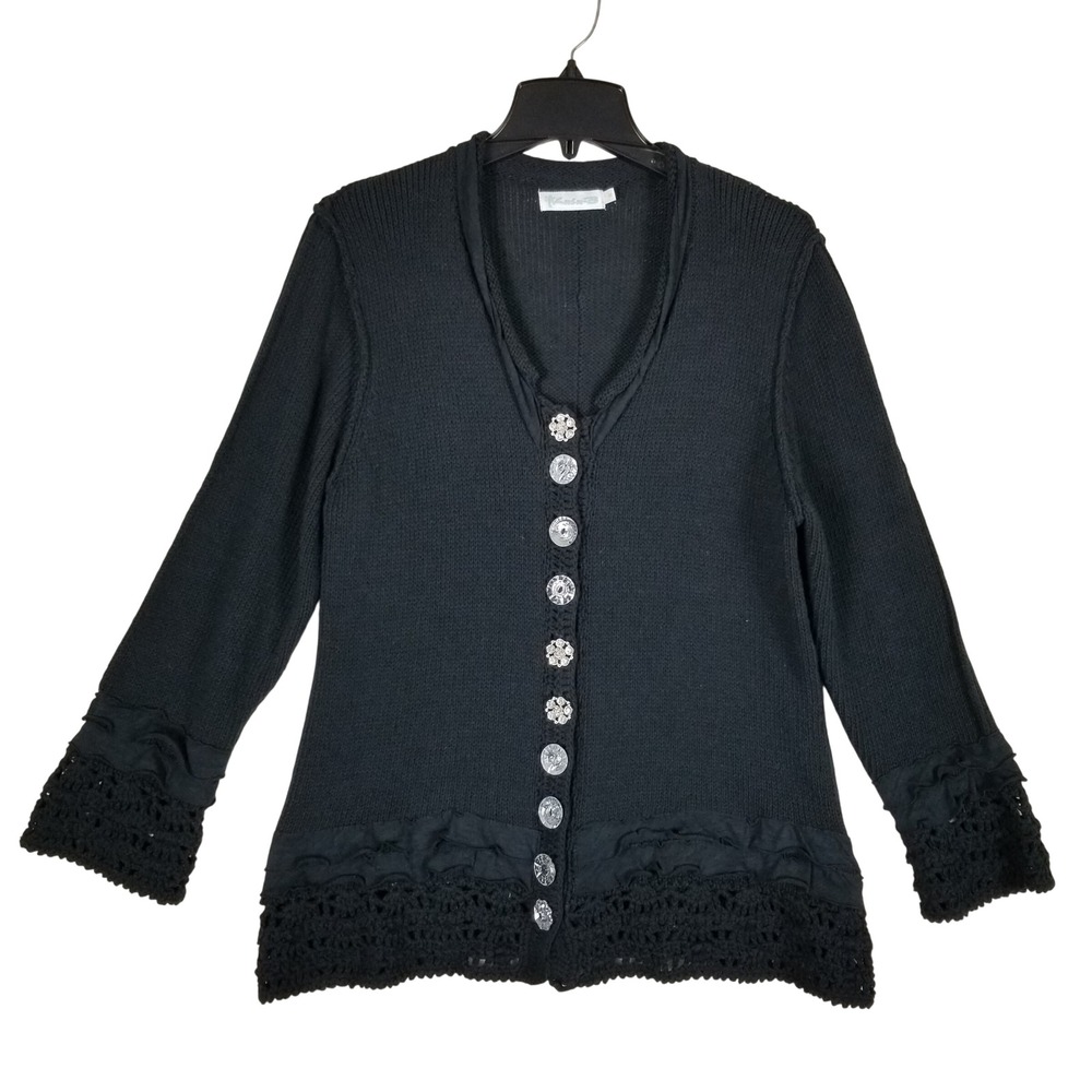Lulu-B Cardigan Women Medium Black Crochet Ruffle Crystal Button Cotton Knit
